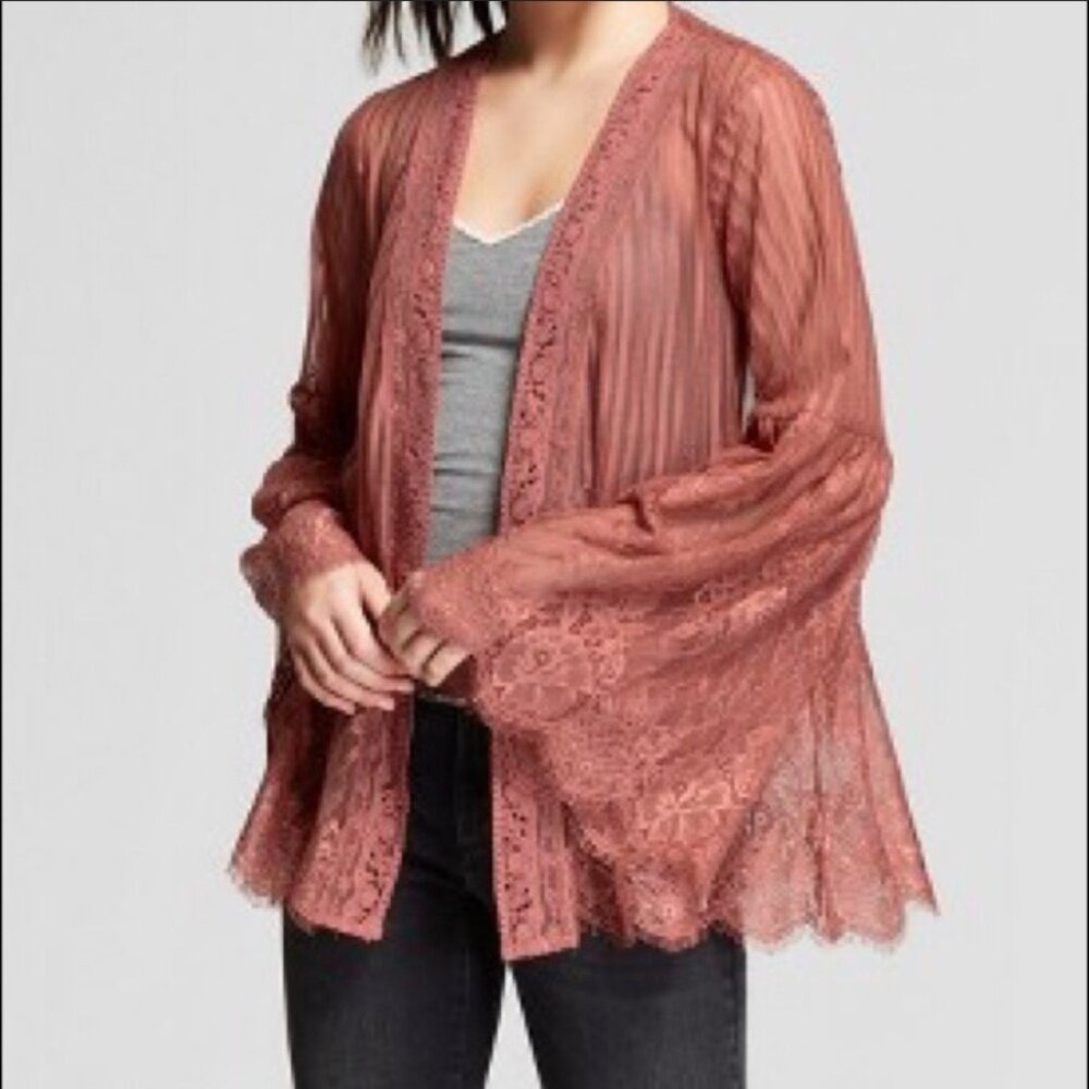 ☘️5/$25 Festival Pink Flare Sleeve Top XS Kimono Boho Flowy Fairy Lace Fringe